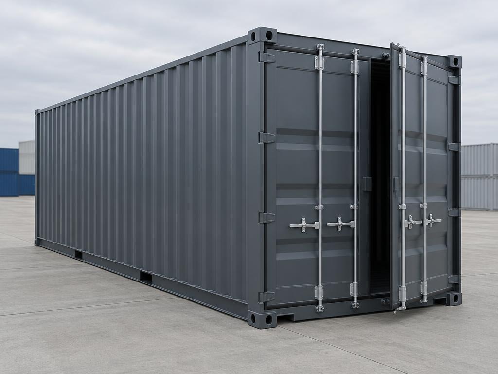 New one-trip shipping container with cargo doors partly open