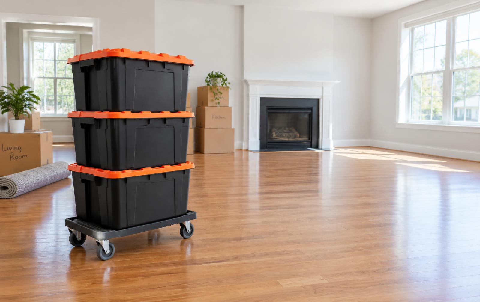 Stack of black moving totes with orange lids on a dolly